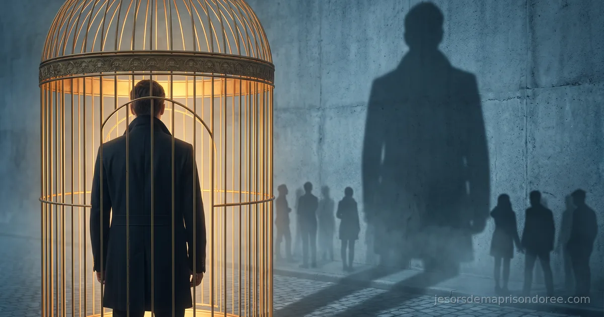 Une personne vue de dos dans une cage dorée élégante, tandis que son ombre agrandie se projette sur le mur au-dessus de petites silhouettes d'autres personnes
