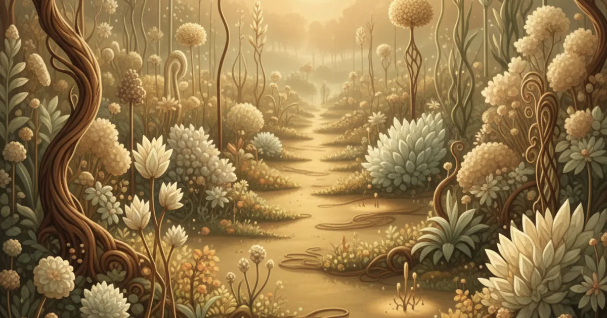 Un jardin foisonnant à l'aube aux formes végétales toutes différentes, chacune éclairée par sa propre lumière dorée — métaphore de la biodiversité humaine