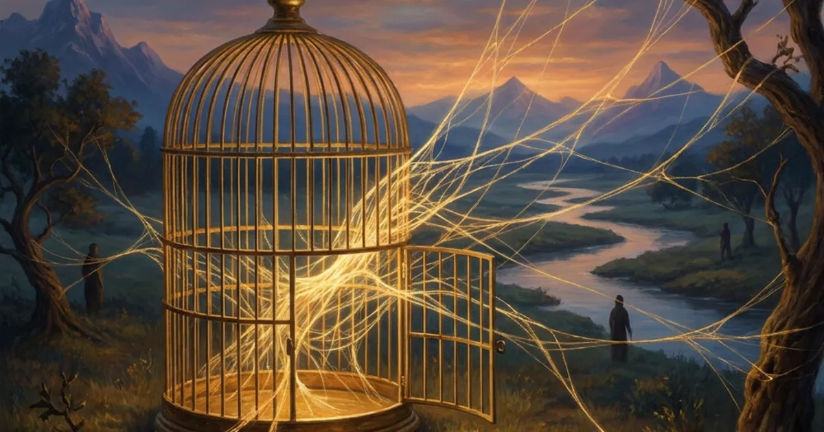 Cage dorée ouverte dans un paysage au crépuscule, d'où rayonnent des fils lumineux reliant arbres, rivière et silhouettes humaines — la conscience écosystémique