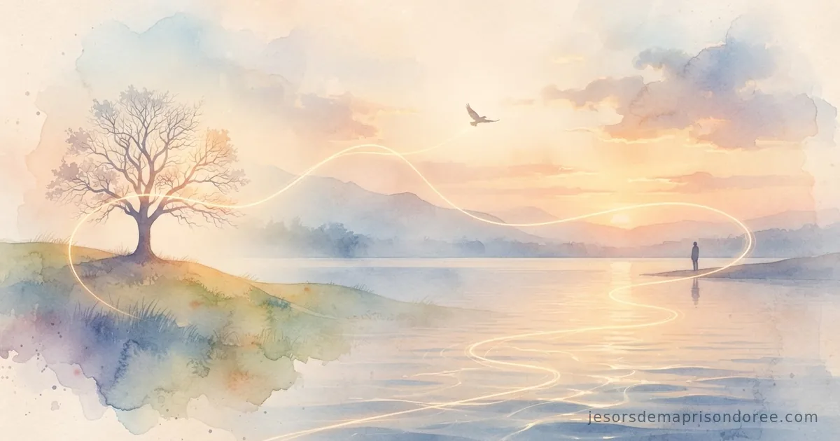 Illustration aquarelle d'un paysage à l'heure dorée où un fil de lumière relie un arbre, un oiseau en vol et une silhouette humaine au bord de l'eau, symbolisant l'interconnexion du vivant