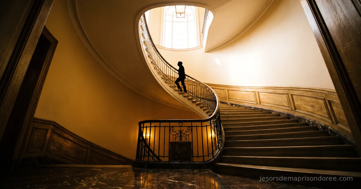 Une cage d'escalier intérieure baignée d'une lumière dorée montante, vue en contre-plongée depuis un rez-de-chaussée sombre, la silhouette d'une personne gravissant les marches vers une lumière chaude au sommet