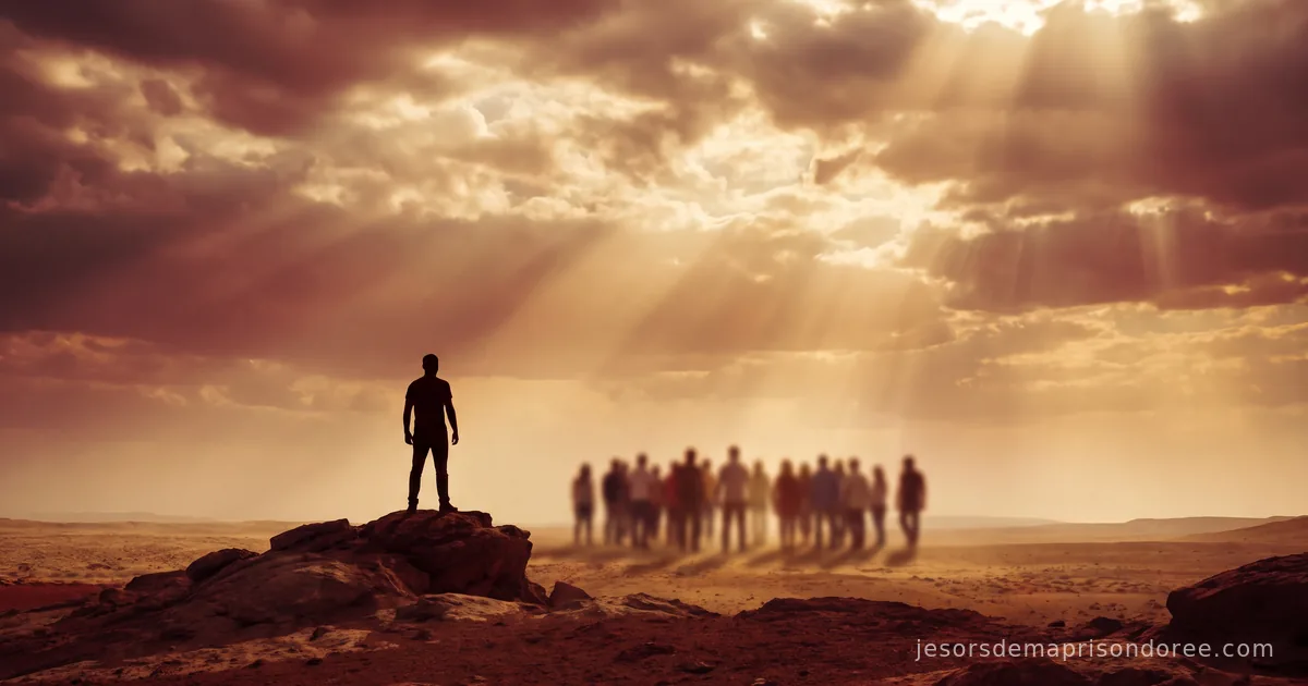 Une silhouette seule debout sur un rocher face à un groupe de personnes floues, sous des rayons de lumière perçant les nuages dans un paysage aux tons ocre et or
