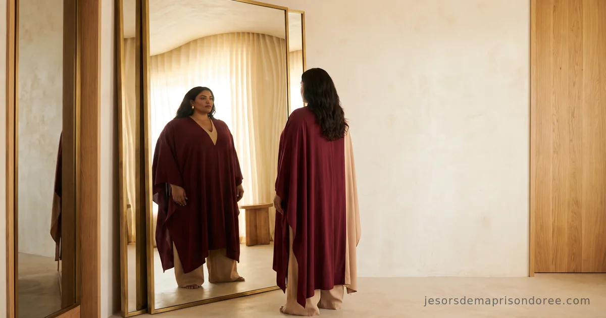 Une femme en cape bordeaux se tient face à un grand miroir doré dans une pièce lumineuse aux tons beiges, son reflet lui renvoyant une image d'elle-même