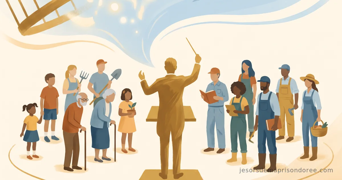 Illustration d'un chef d'orchestre doré dirigeant un orchestre composé d'habitants ordinaires — enfants, aînés, artisans, jardiniers — sous une cage dorée qui se dissout vers un ciel ouvert
