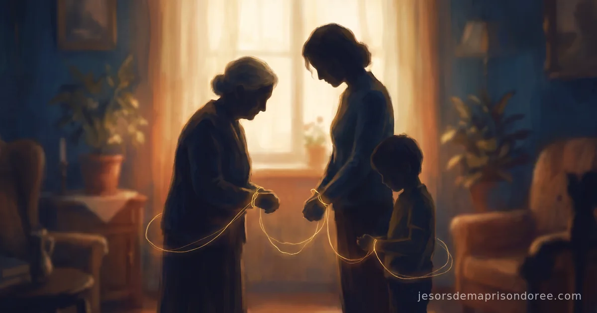 Trois générations d'une même famille reliées par un fil doré autour des poignets, dans une pièce baignée d'une lumière chaude, tons or et bleu profond