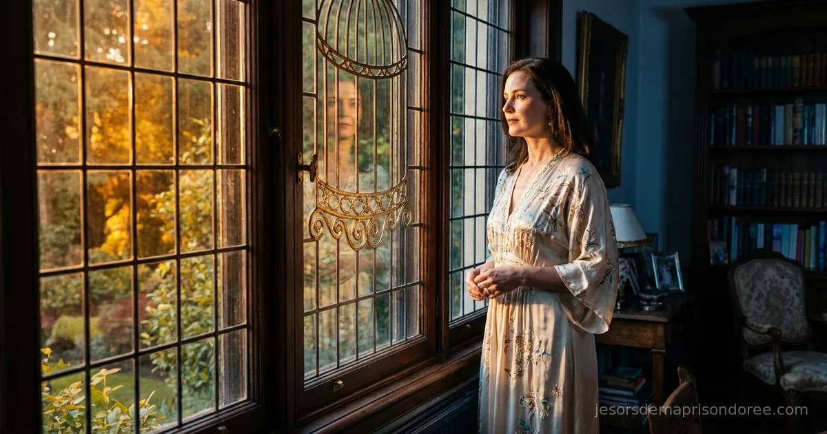 Femme élégante à la fenêtre d'une belle demeure au soleil couchant, son reflet fragmenté comme un masque de mosaïque, une cage dorée suggérée dans la ferronnerie de la fenêtre