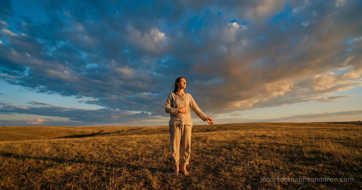 Une personne pieds nus debout dans un vaste champ ouvert au soleil couchant, bras légèrement ouverts, yeux fermés, une main posée sur le ventre, un immense ciel au-dessus — la vastitude de la conscience rencontrant l'ancrage du corps