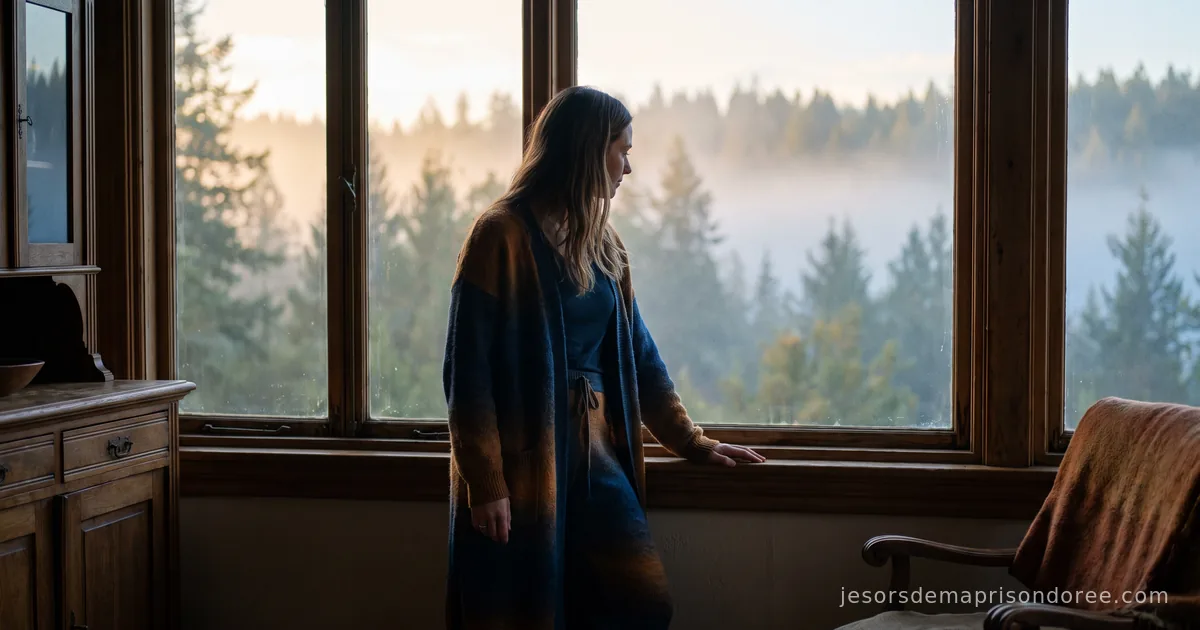 Une femme debout devant une grande fenêtre ouverte sur une forêt brumeuse à l'aube, posture contemplative, lumière douce ambrée et bleue