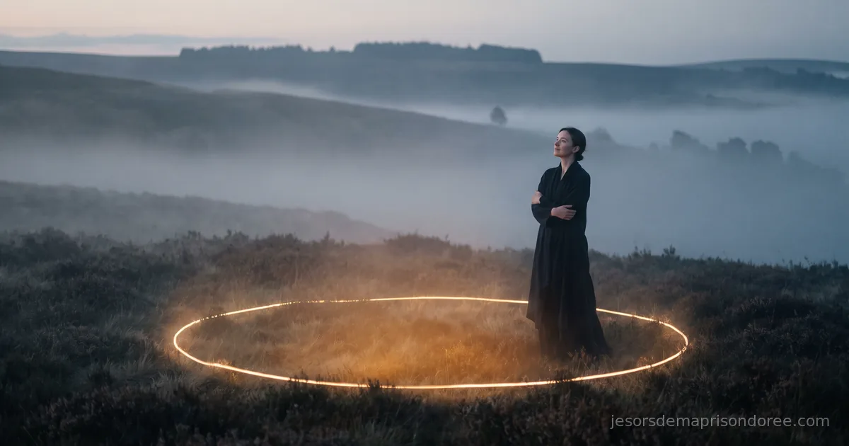 Une personne debout, sereine et ancrée, au bord d'un cercle doré lumineux tracé sur le sol dans un paysage naturel brumeux à l'aube, symbolisant une limite personnelle