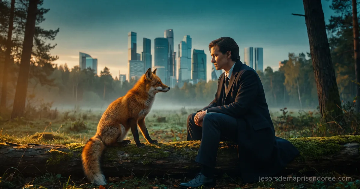 Un renard roux sauvage assis calmement face à une personne en tenue élégante, tous deux à hauteur d'yeux dans le respect mutuel, clairière forestière brumeuse à la lisière d'une ville de verre moderne au soleil couchant