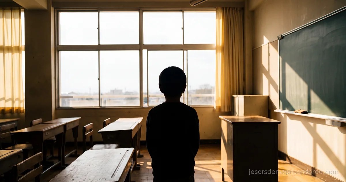 Silhouette d'un enfant de dos, immobile, face à la grande fenêtre d'une salle de classe vide baignée d'une lumière dorée froide et contrastée, ambiance silencieuse et contemplative