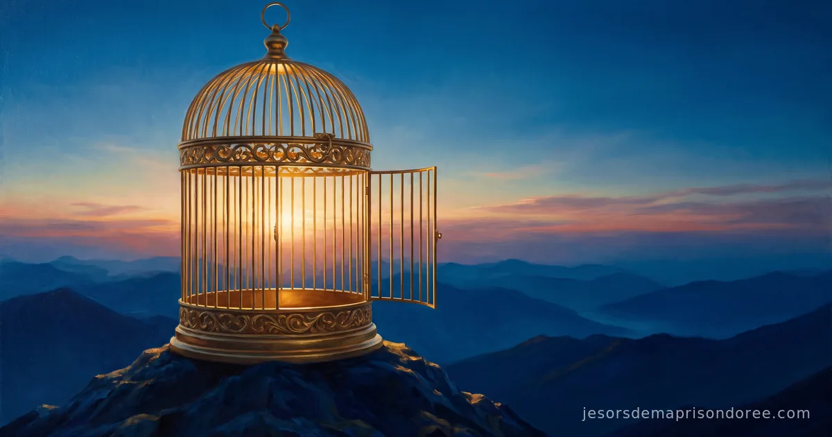 Une cage dorée ouvragée aux portes entrouvertes, posée au sommet d'une montagne au lever du soleil, dans des tons or et bleu profond