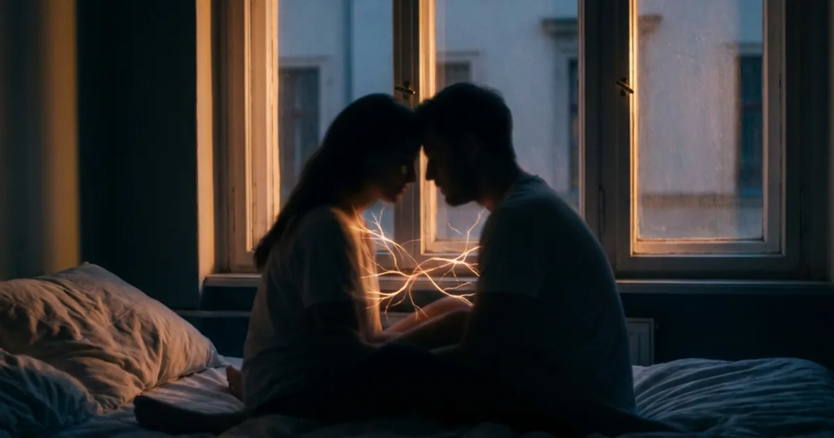 Silhouettes d'un couple assis proche l'un de l'autre au crépuscule, deux esprits reliés par de douces lumières entrelacées, symbolisant l'intimité du couple neurodivergent