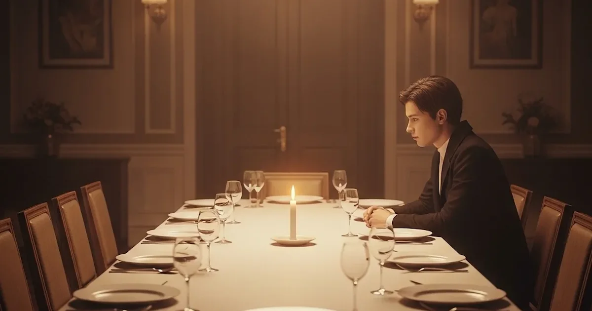 Homme seul à une longue table de dîner illuminée à la bougie, entouré de chaises vides — solitude intérieure chez les HPI malgré le succès social