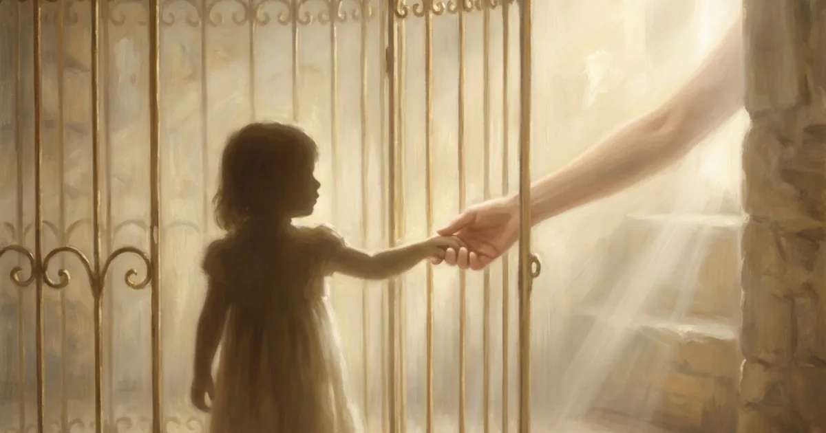 La silhouette d'un enfant derrière la porte entrouverte d'une cage dorée, une main d'adulte tendue depuis la lumière pour prendre la sienne